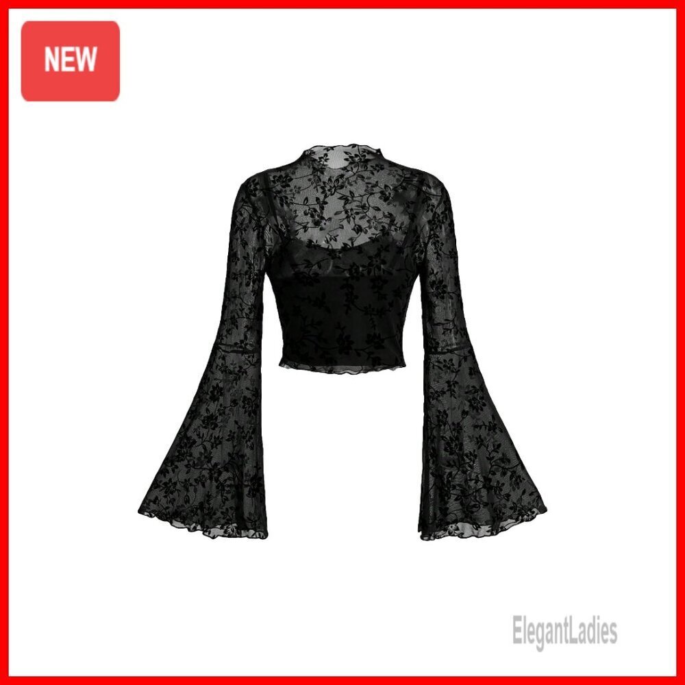 Mesh Long Bell Sleeve Crop Top Floral Print Slim Fit Summer